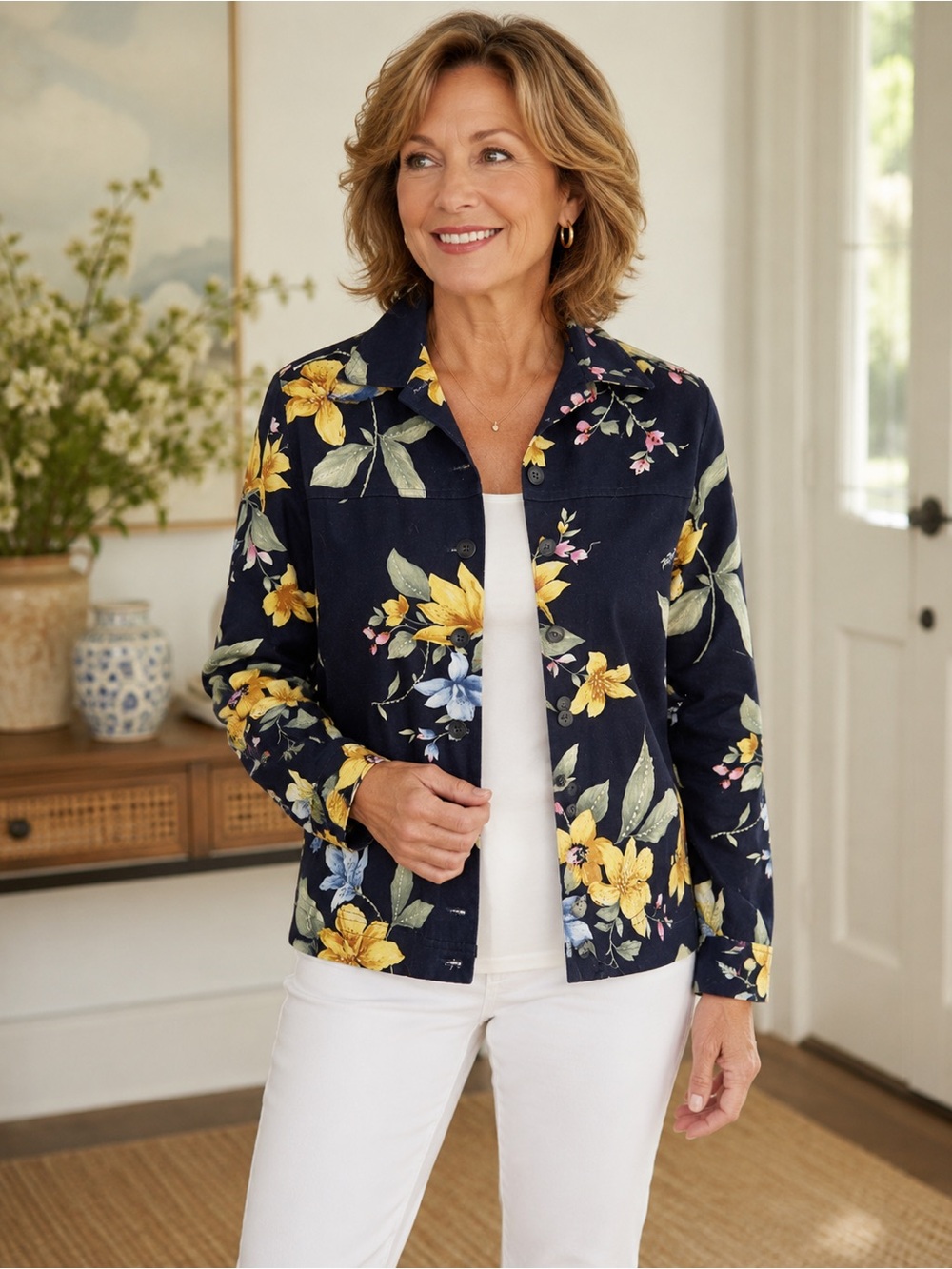 Alfred Dunner Petite Floral Jacket Navy Lightweight Button Front Blazer 6P